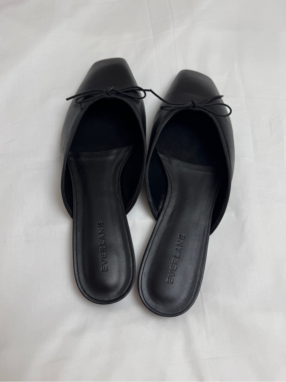 Everlane Black Leather Ballet Mule Flats Size 9 Minimalist Square Toe Bow - Picture 8 of 13